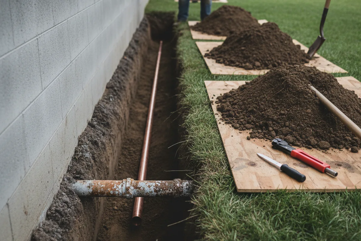 Excavated water line trench during Sewer Line Repair in Baltic